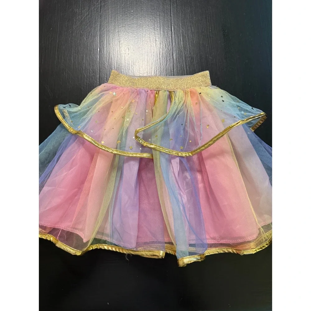 Kids Dress Up Costume Set 3 Tutus and Shimmering Hooded Cape Rainbow Blue Pink
